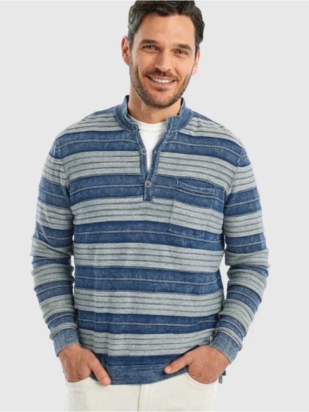 Johnnie-O Hawking Striped Henley Pullover in Indigo Blue